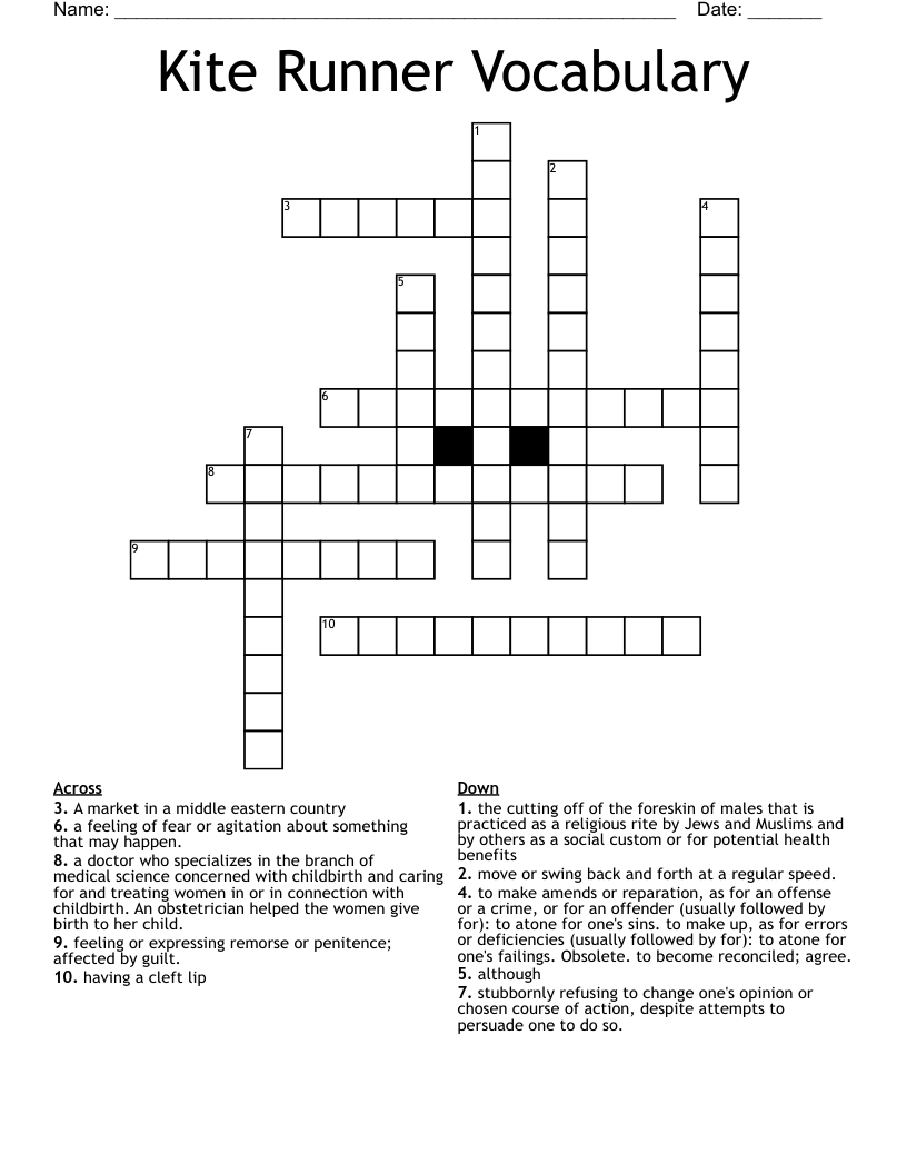 Kite Runner Vocabulary Crossword WordMint