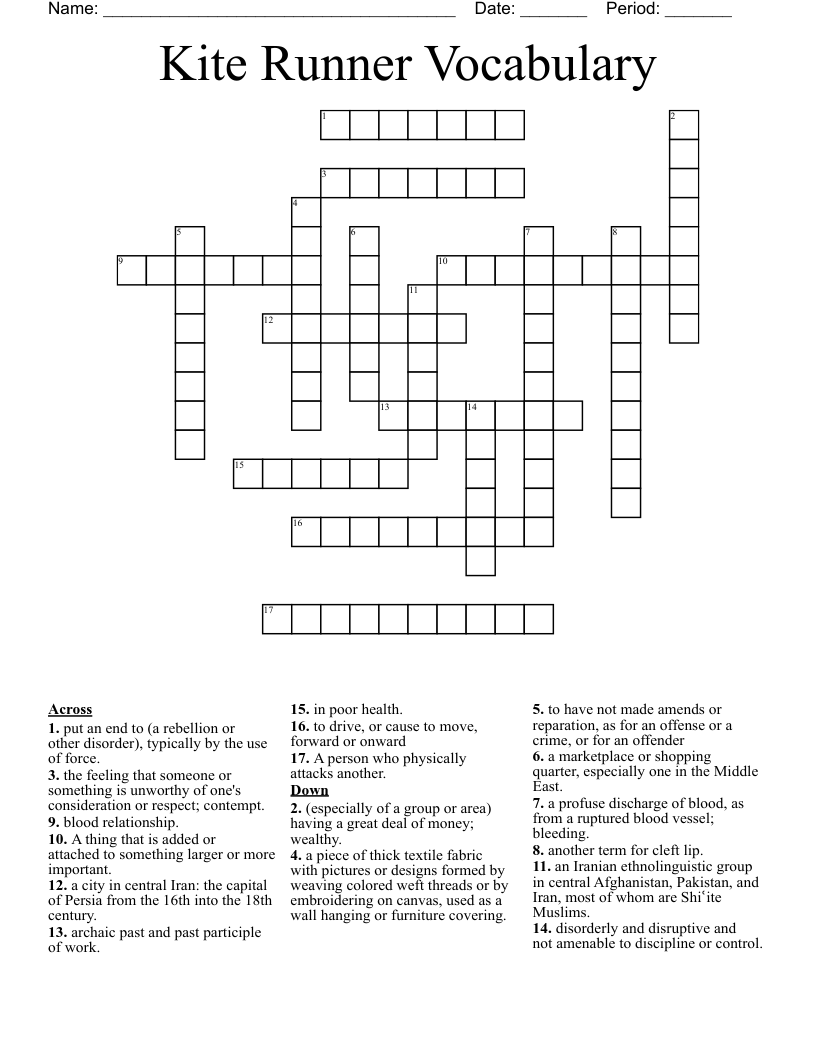 Kite Runner Vocabulary Crossword WordMint