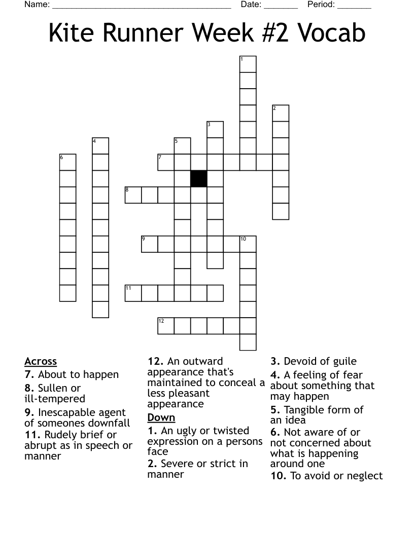 Kite Runner Week 2 Vocab Crossword WordMint