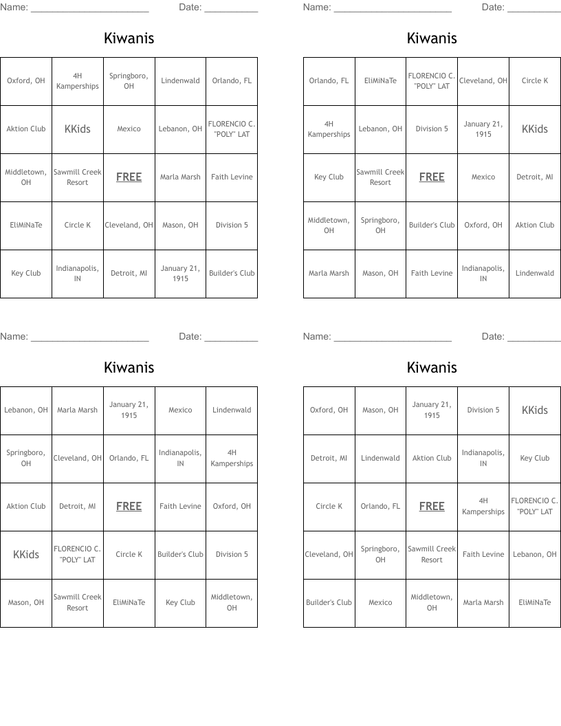 Kiwanis Bingo Cards WordMint