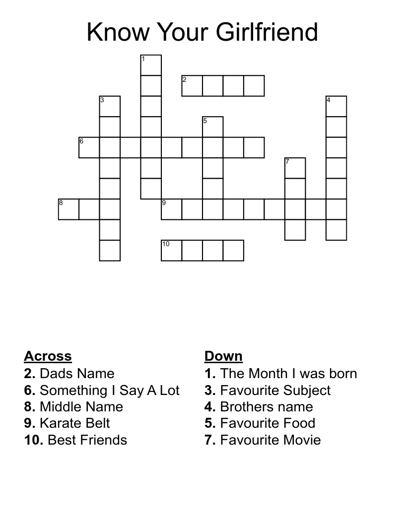 Know Your Girlfriend Crossword WordMint