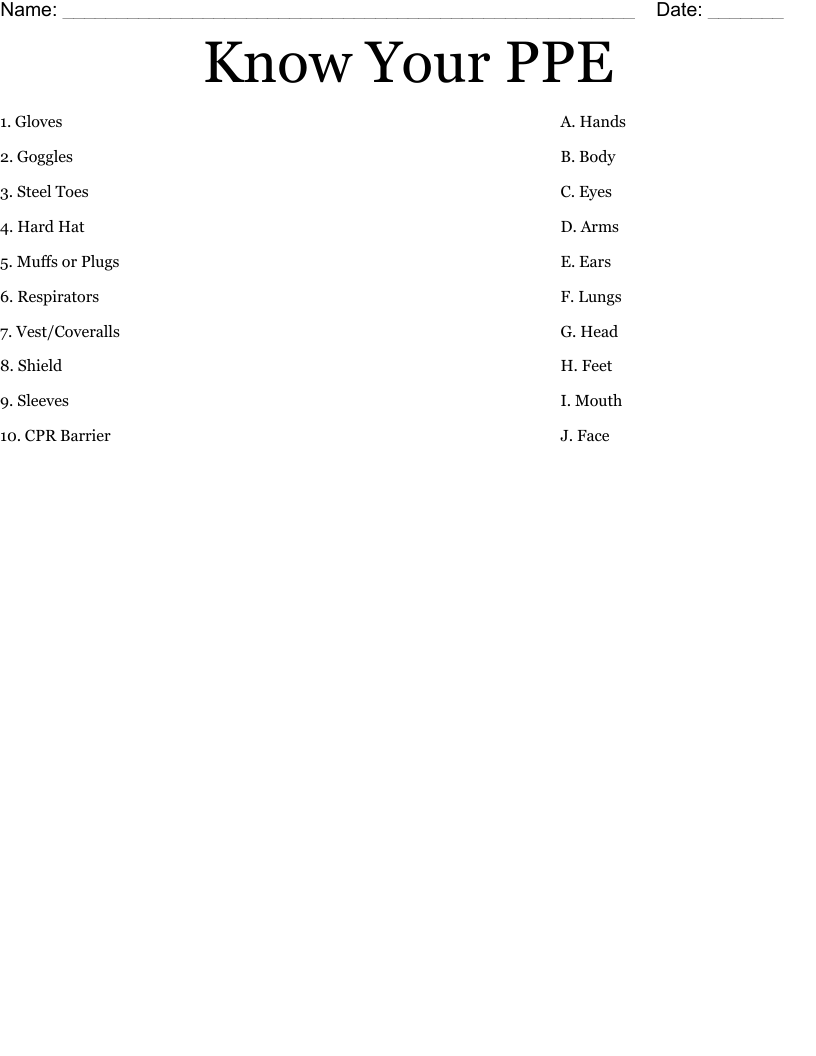 PPE Safety Crossword Puzzle WordMint