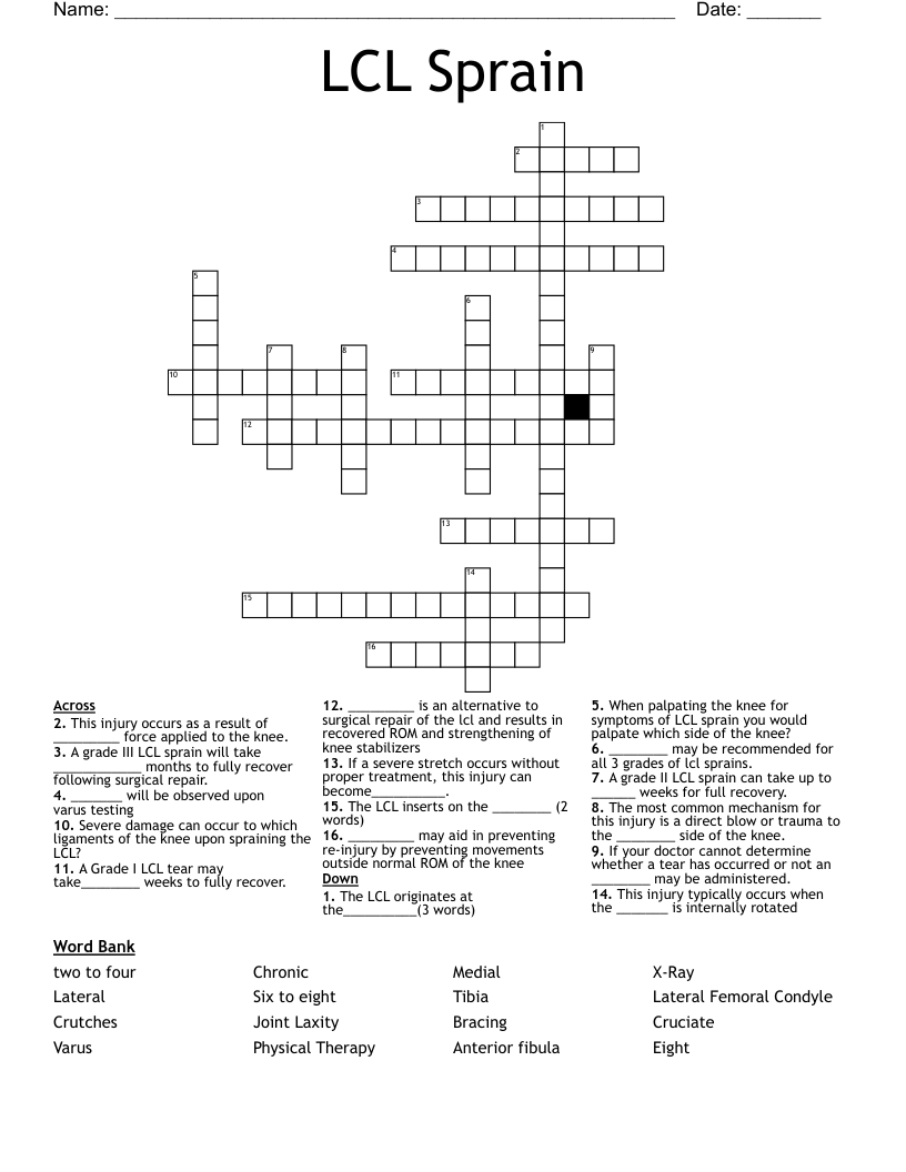 LCL Sprain Crossword WordMint