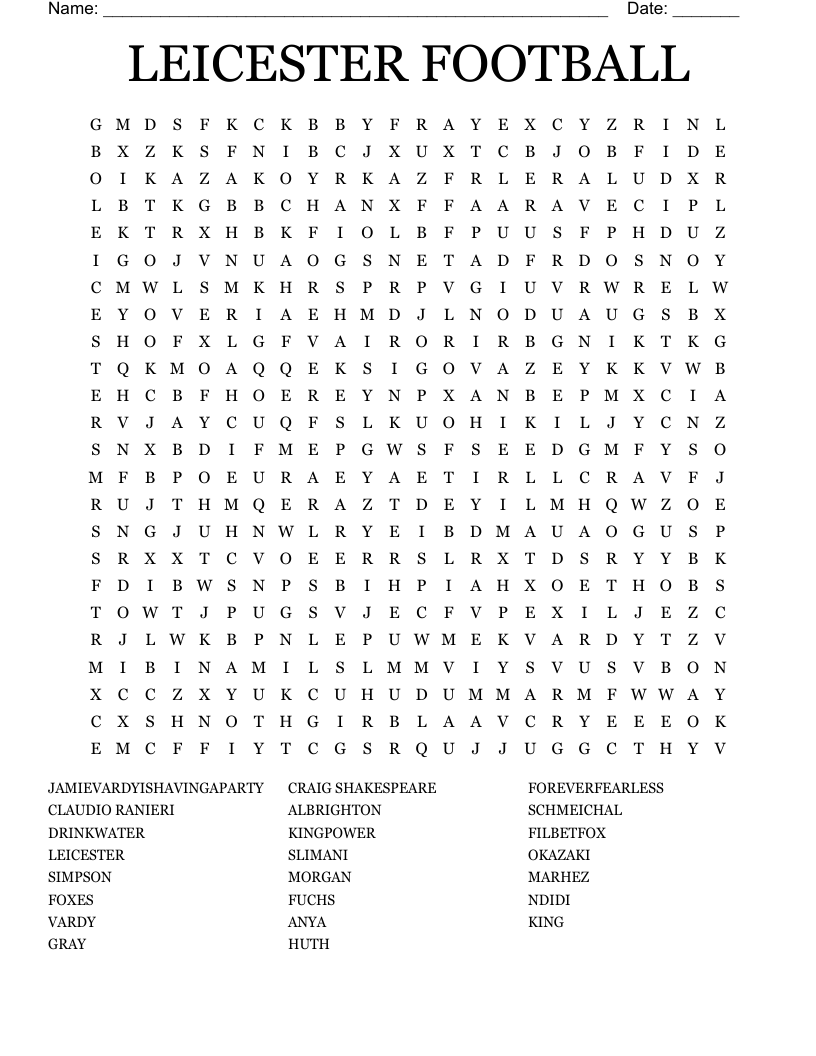LEICESTER FOOTBALL Word Search WordMint