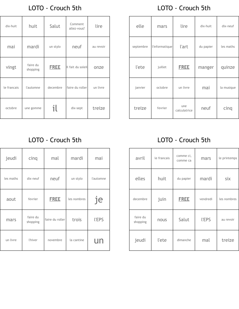 LOTO Crouch 5th Bingo Cards WordMint