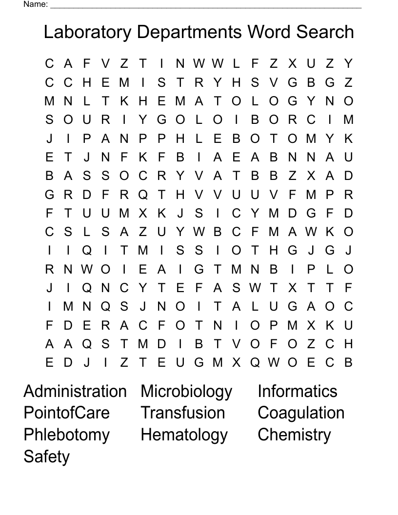 Laboratory Departments Word Search WordMint