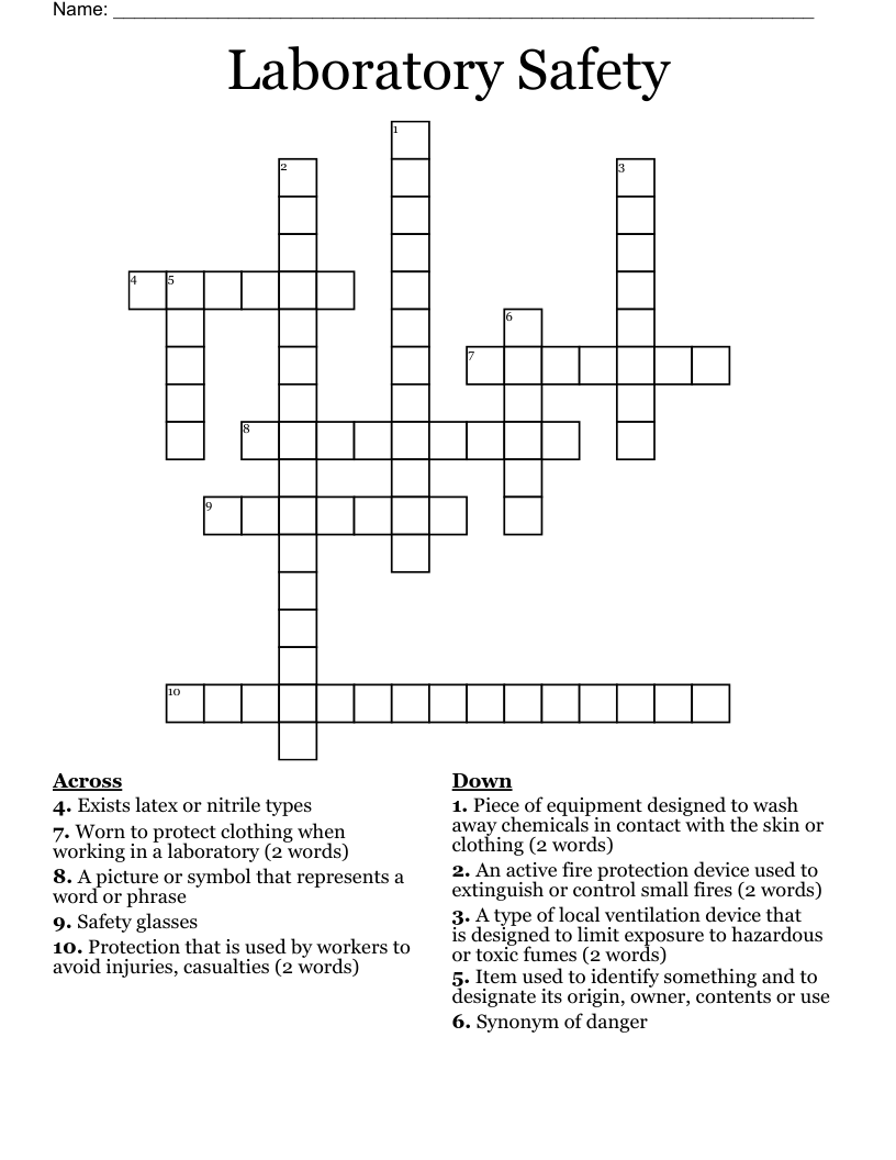 Laboratory Safety Crossword WordMint