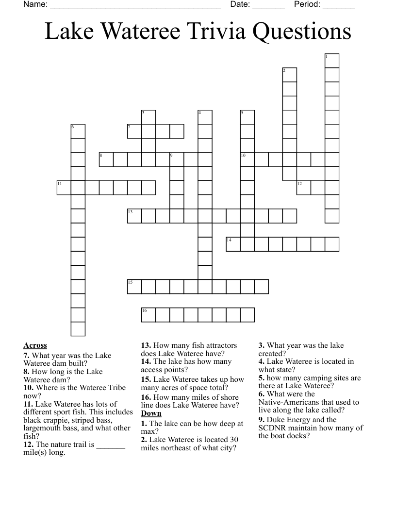 Lake Wateree Trivia Questions Crossword WordMint