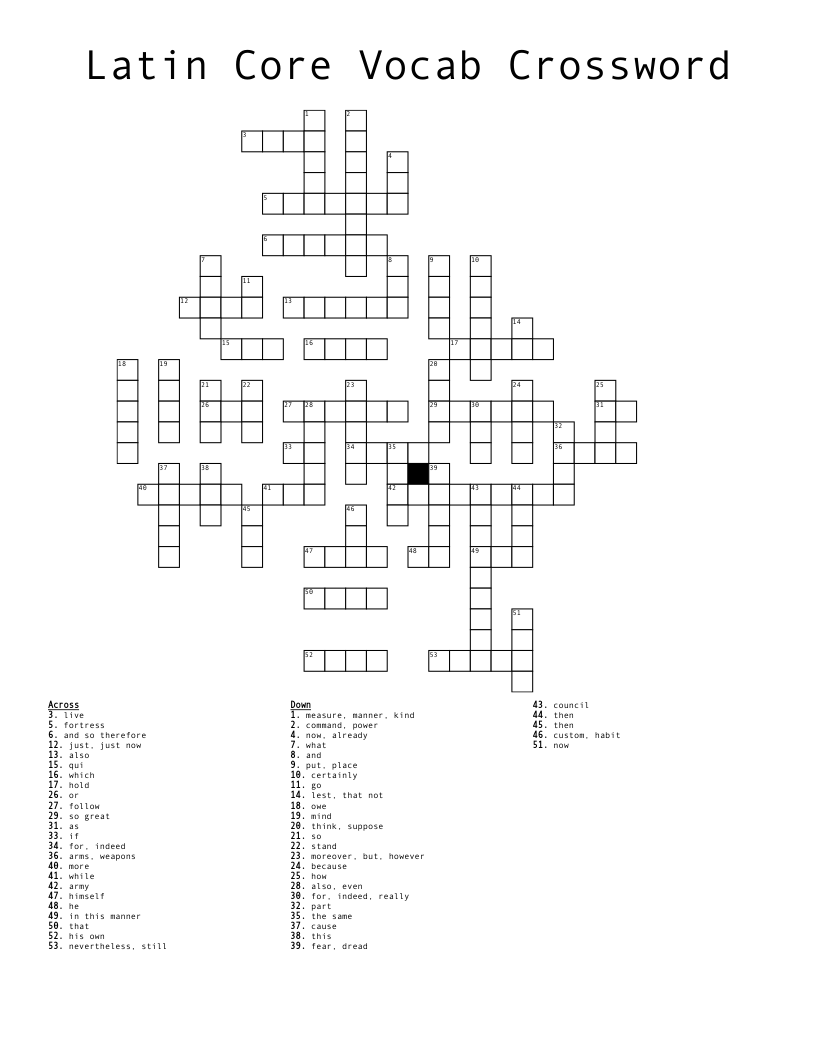 Latin 3 Core Vocab Crossword WordMint