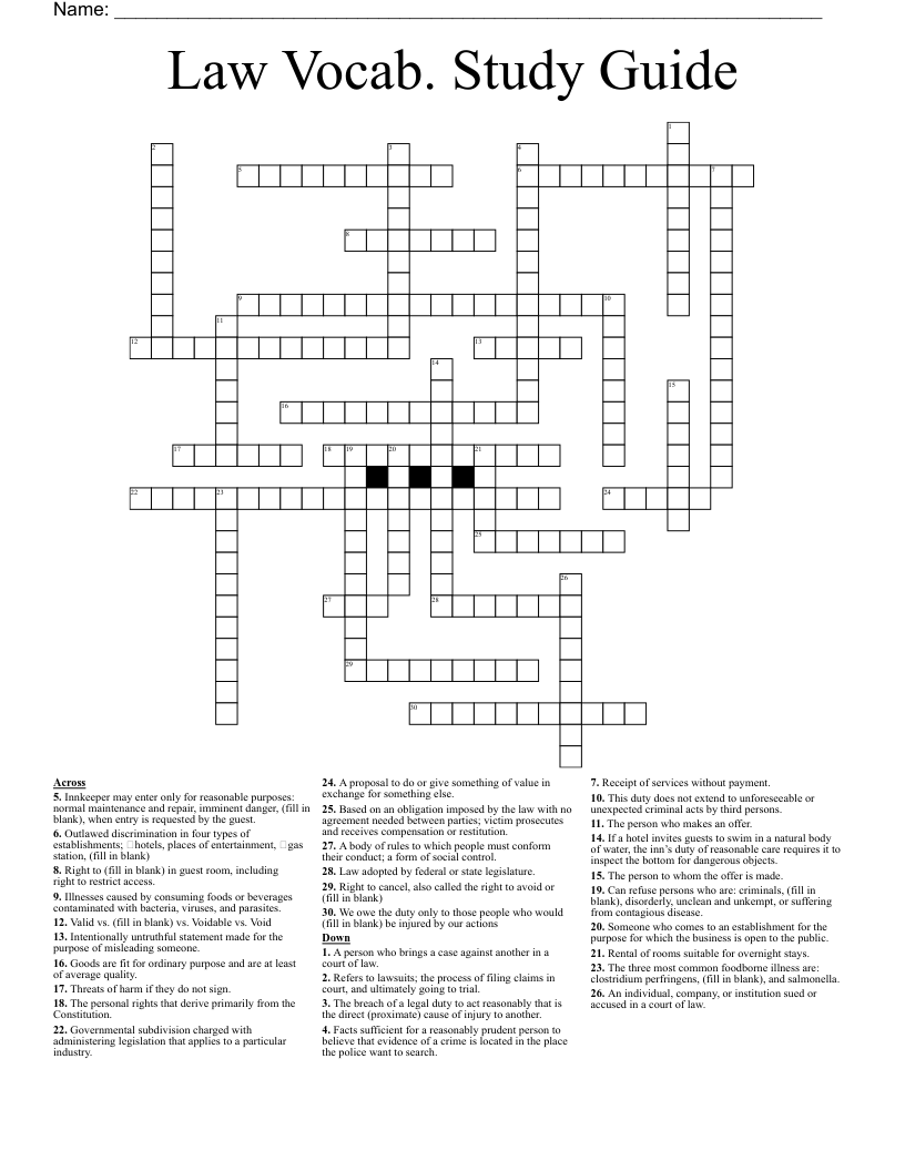 Law Vocab. Study Guide Crossword WordMint