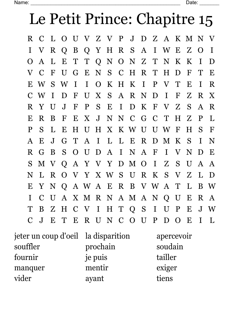Le Petit Prince Chapitre 15 Word Search WordMint