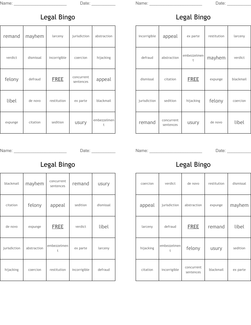 Legal Bingo WordMint