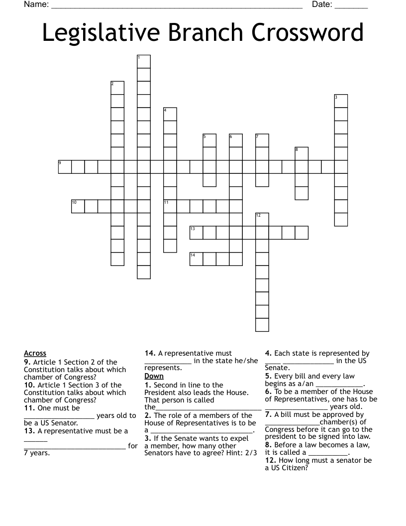 Legislative Branch Crossword - WordMint