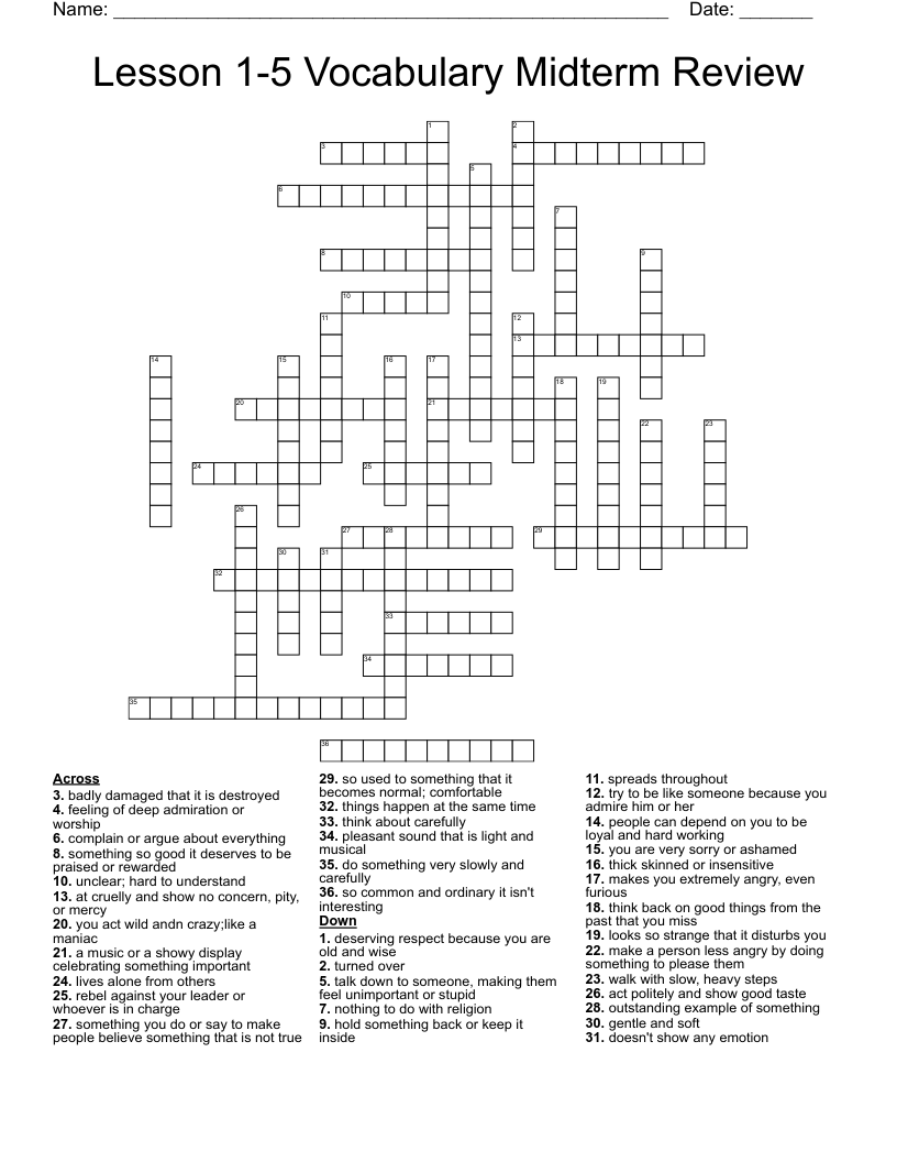 Lesson 15 Vocabulary Midterm Review Crossword WordMint