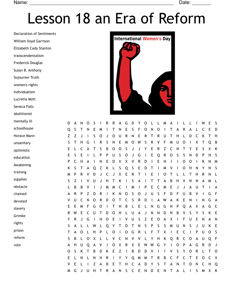 Lesson 18 an Era of Reform Word Search WordMint