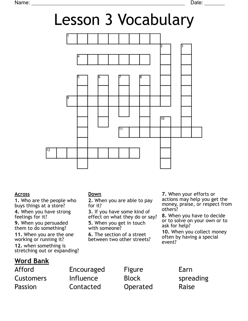 Lesson 3 Vocabulary Crossword WordMint