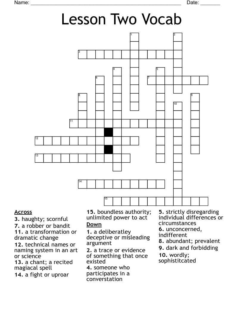 Lesson Two Vocab Crossword WordMint