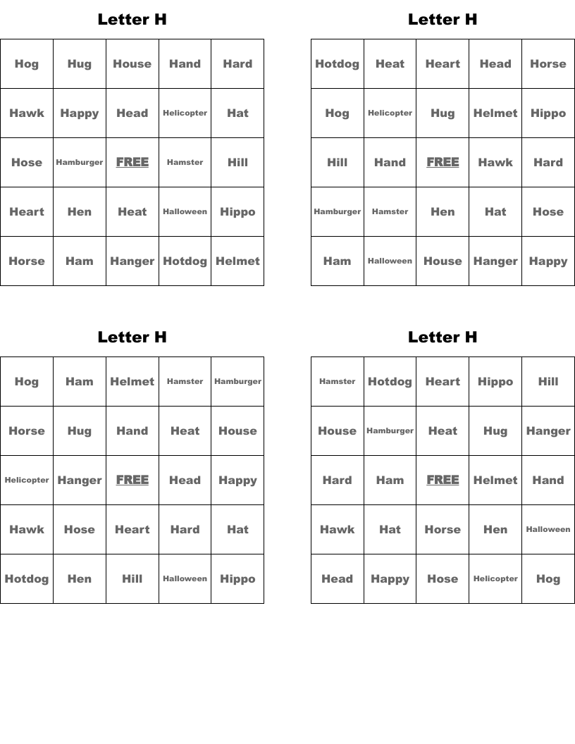 Letter H Bingo Cards WordMint