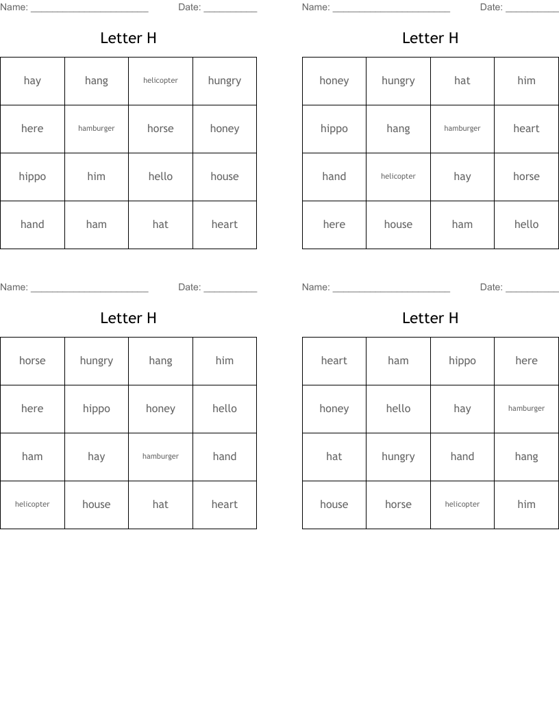 Letter H Bingo Cards WordMint