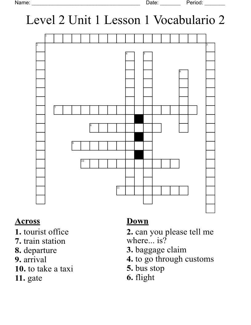 Level 2 Unit 1 Lesson 1 Vocabulario 2 Crossword WordMint