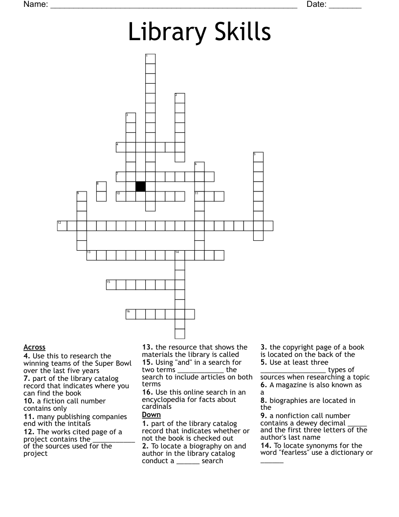 Library Skills Crossword - WordMint