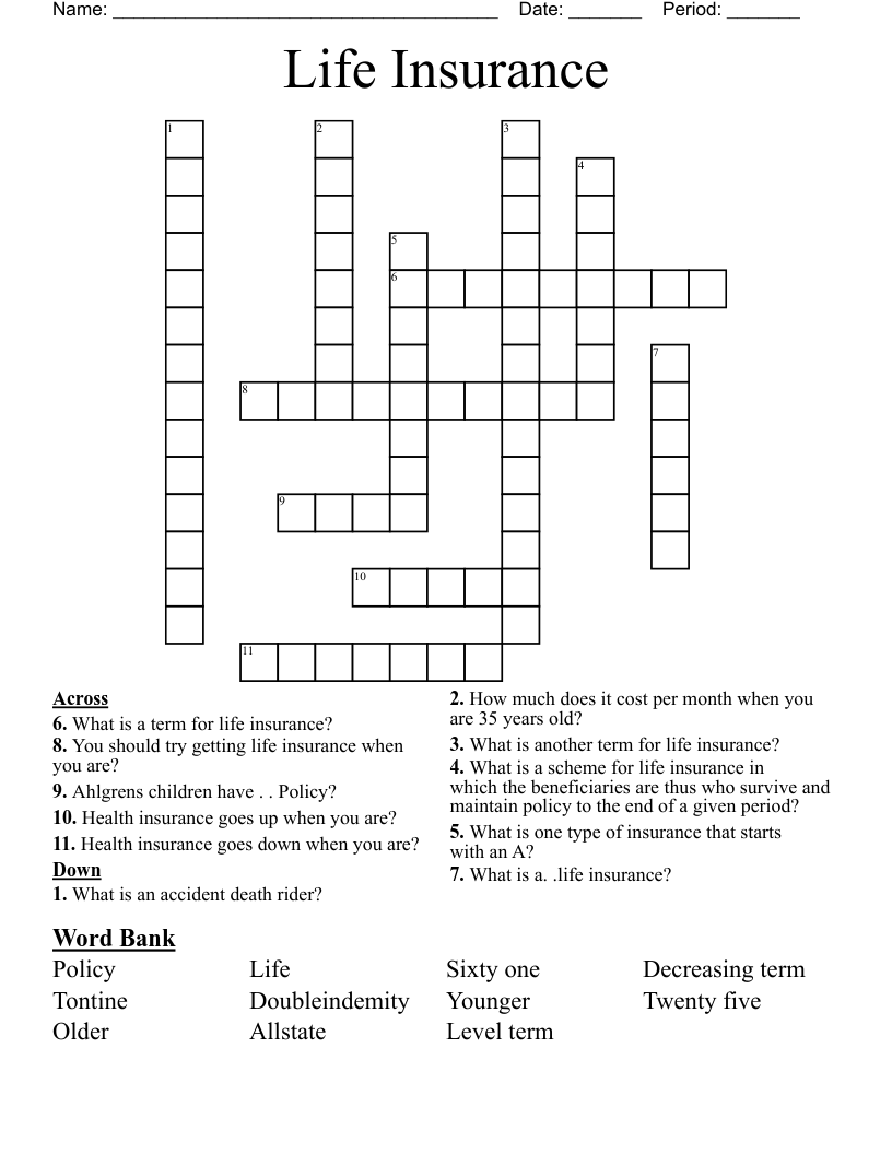 Life Insurance Crossword WordMint