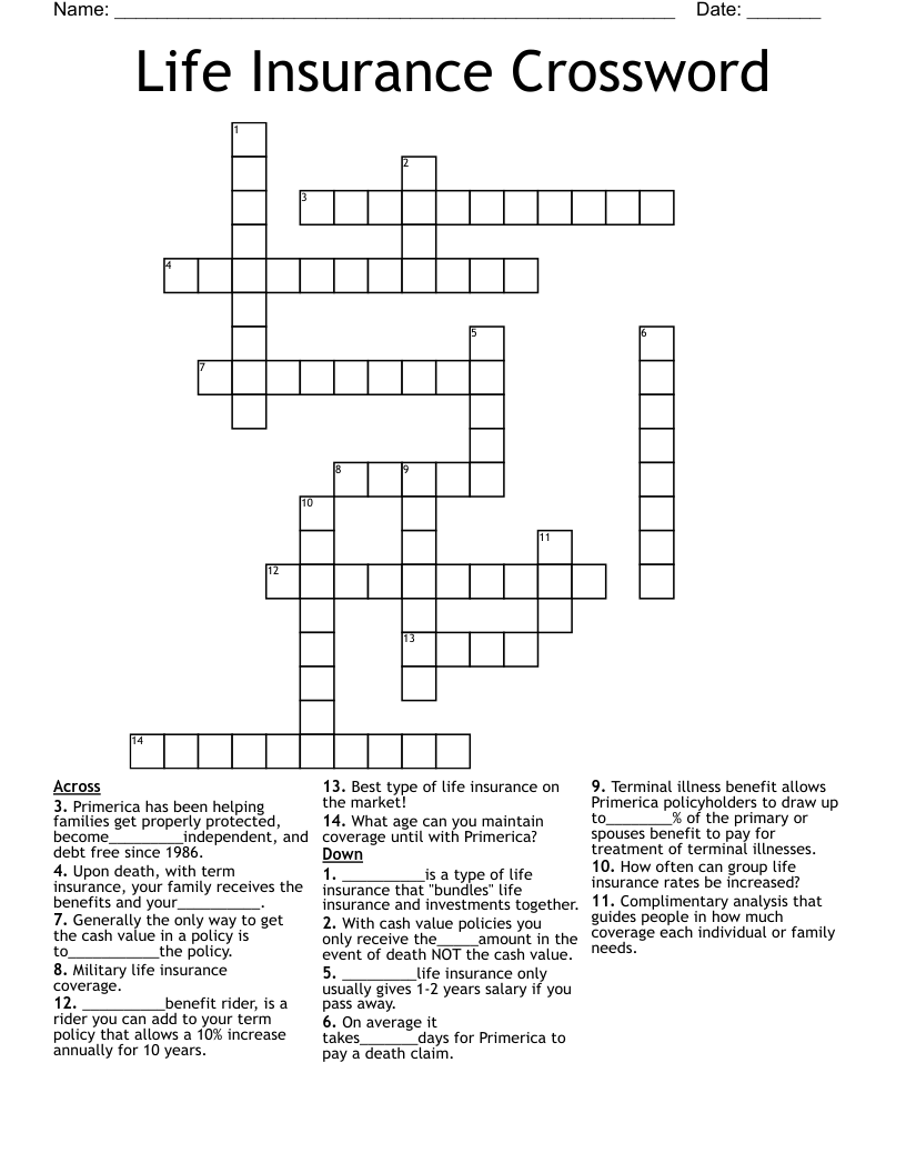 Life Insurance Crossword WordMint