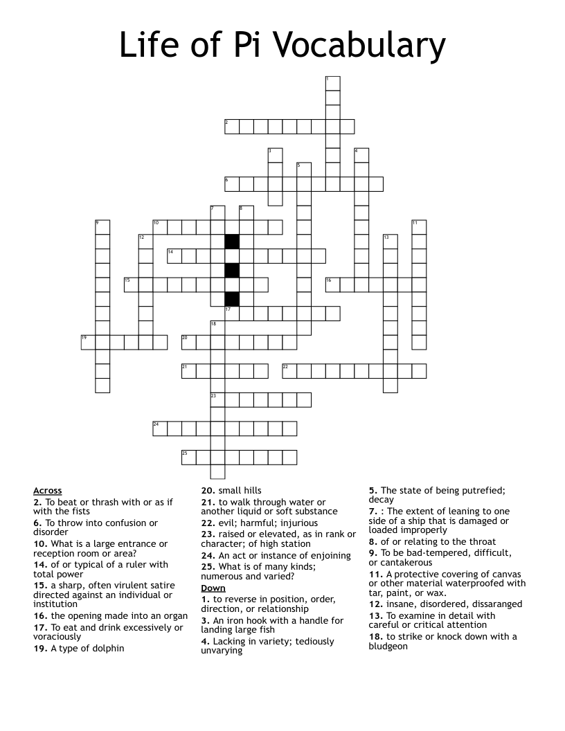 Life of Pi Vocabulary Crossword WordMint