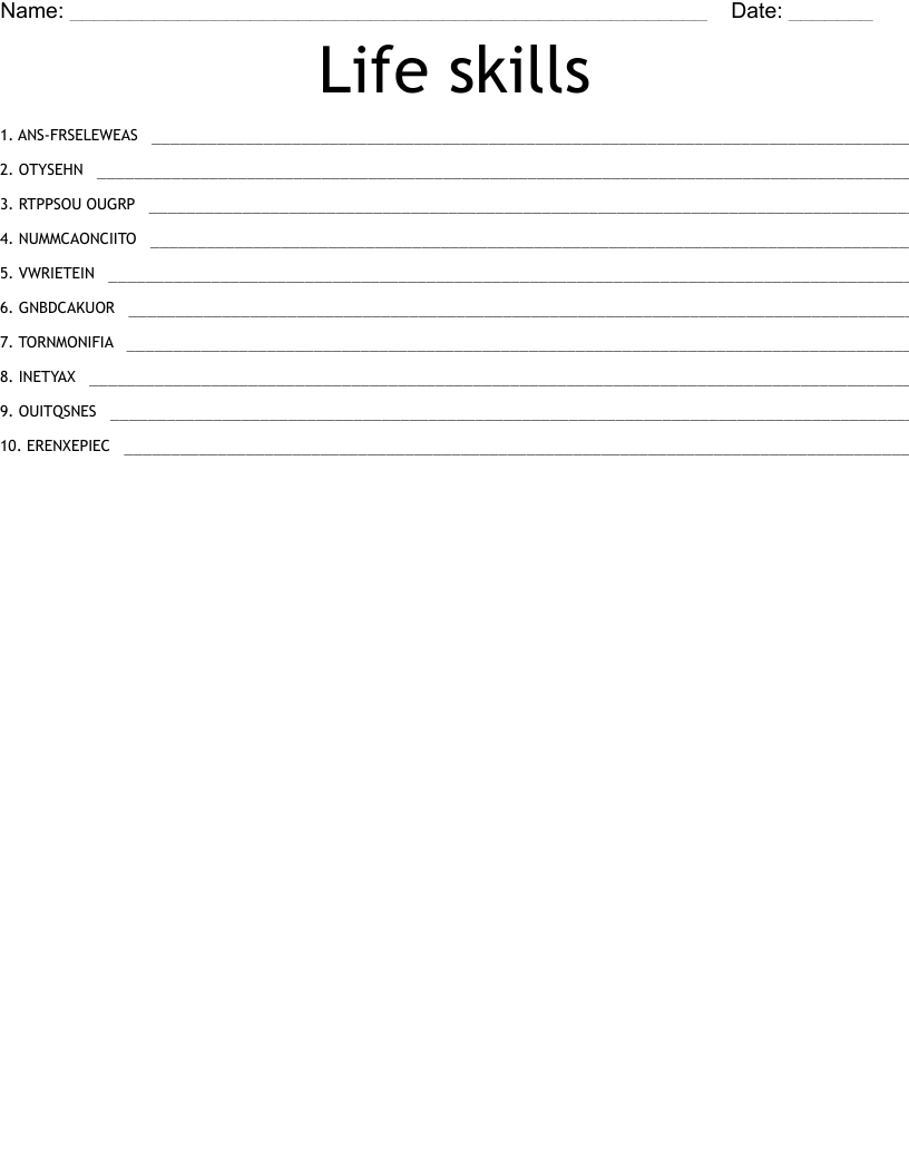 Life skills Word Scramble WordMint