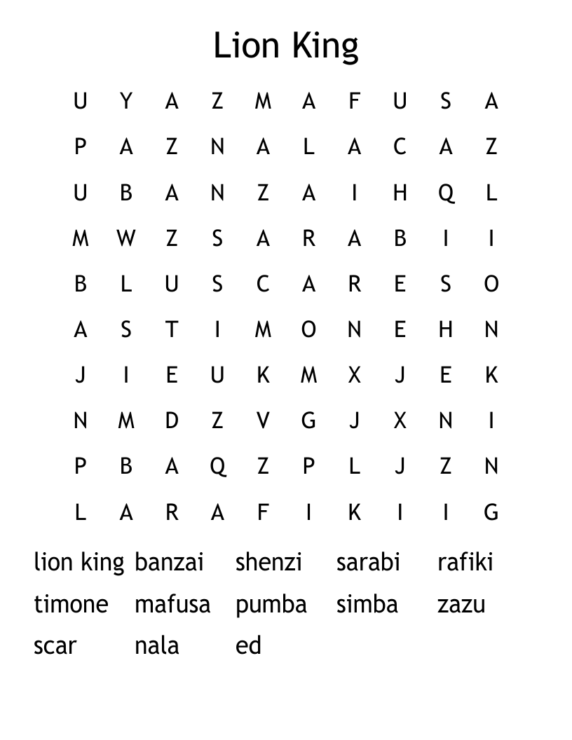 Lion King Word Search WordMint
