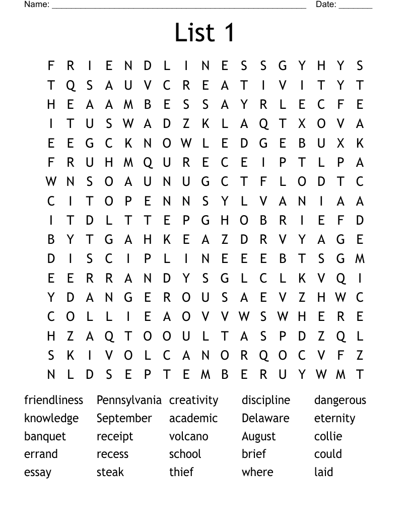List 1 Word Search - WordMint