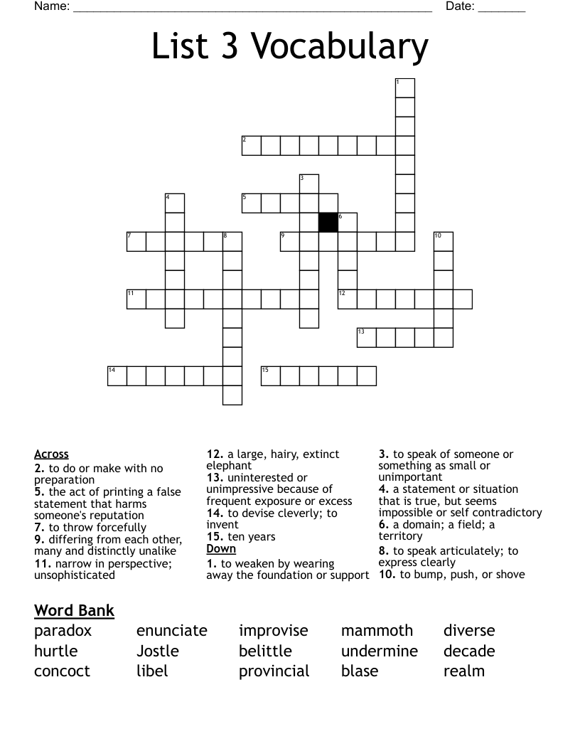List 3 Vocabulary Crossword WordMint