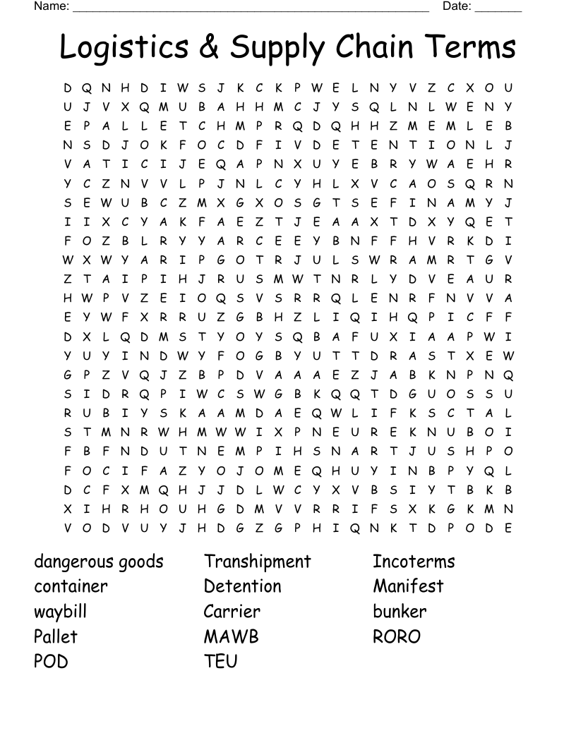 Transportation & Logistics Crosswords, Word Searches, Bingo Cards WordMint
