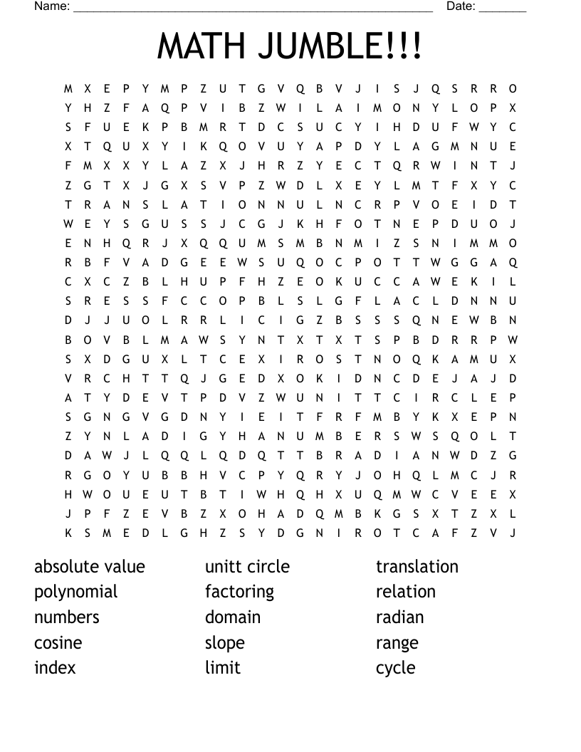 MATH JUMBLE!!! Word Search WordMint