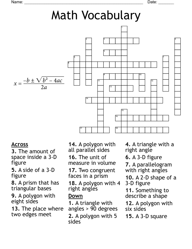 Math Vocabulary Crossword - WordMint