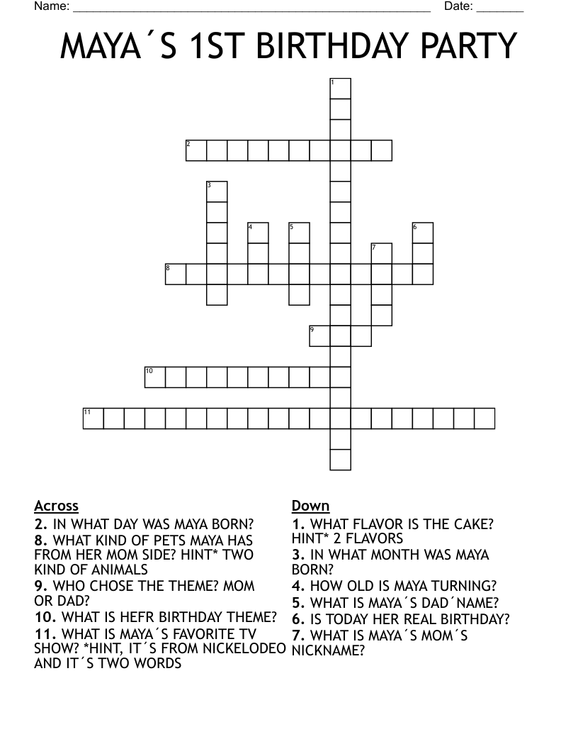 MAYA´S 1ST BIRTHDAY PARTY Crossword WordMint