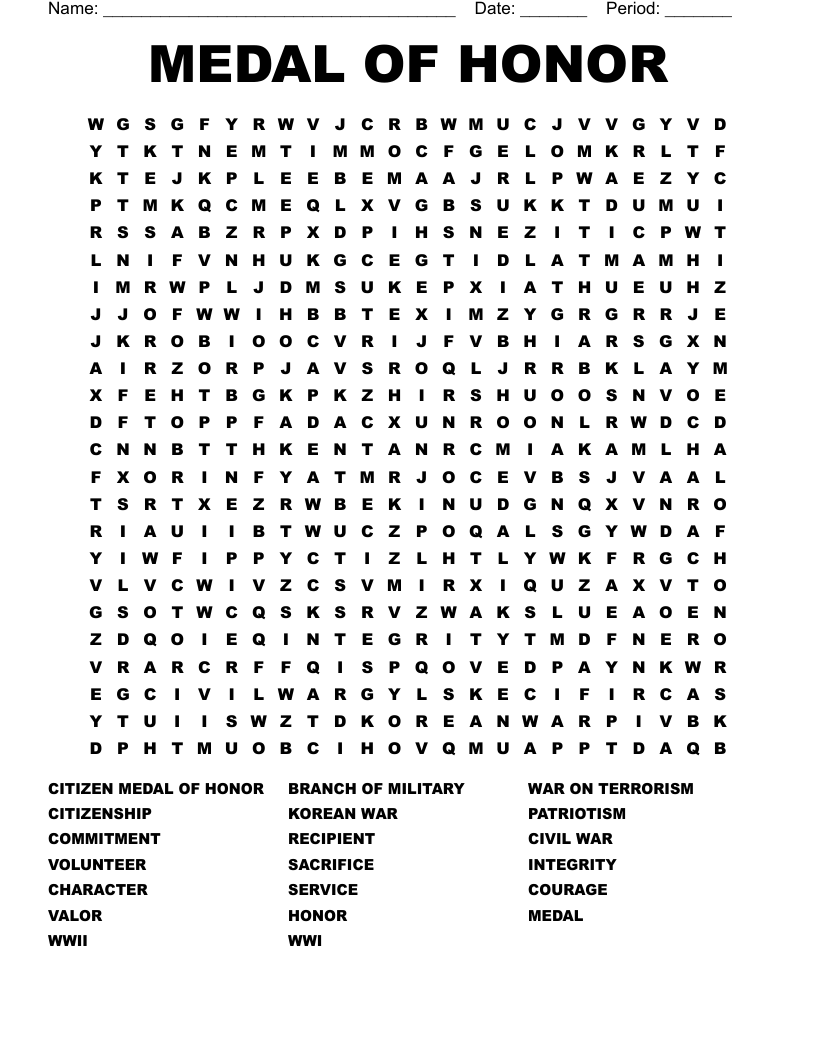MEDAL OF HONOR Word Search WordMint