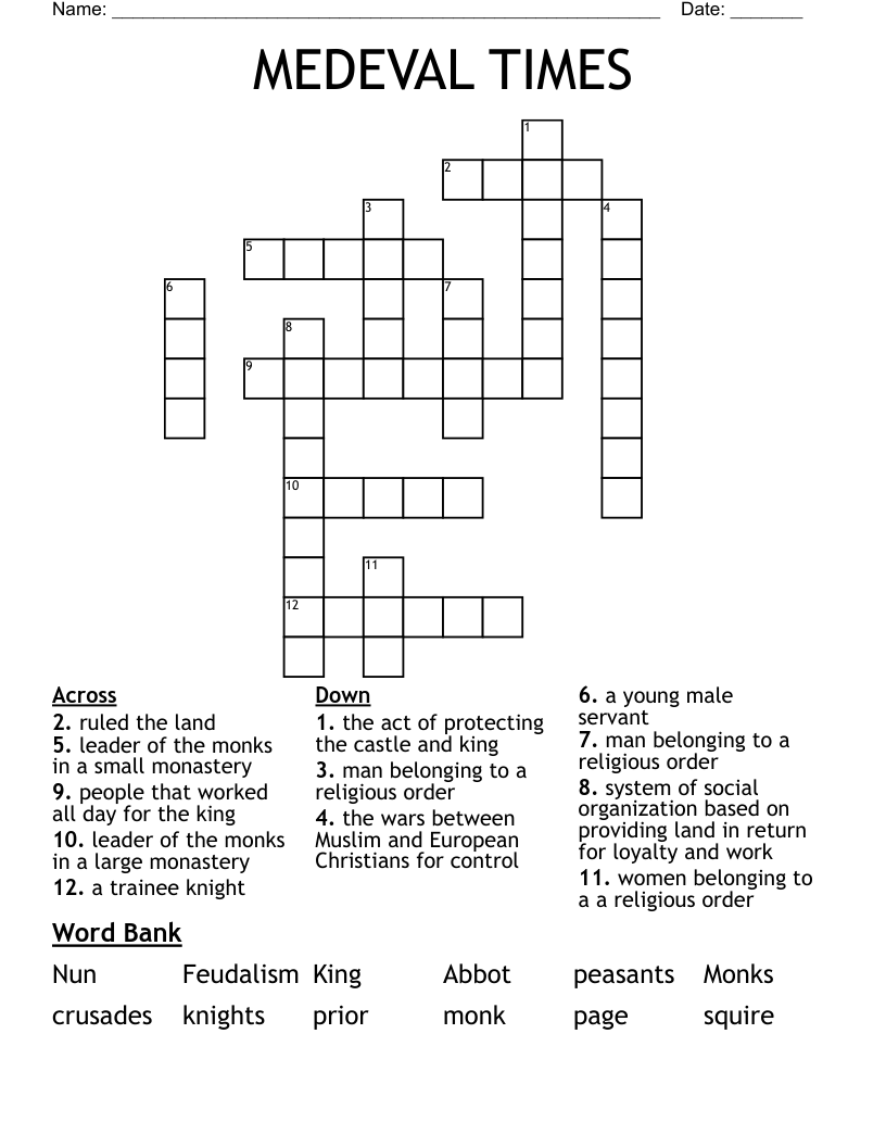 MEDEVAL TIMES Crossword WordMint