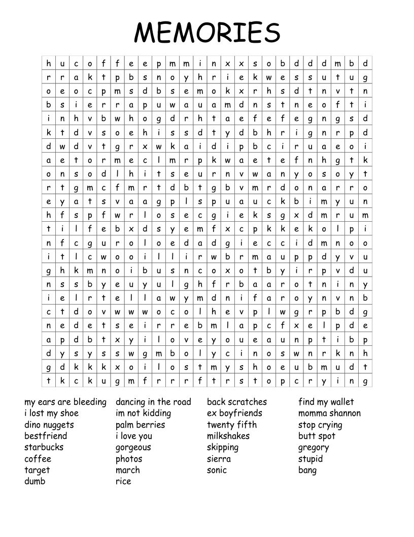 MEMORIES Word Search WordMint
