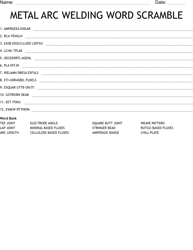 METAL ARC WELDING WORD SCRAMBLE WordMint