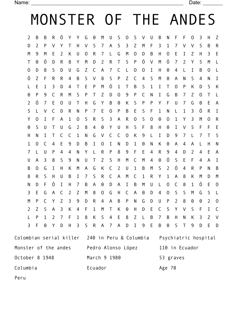 MONSTER OF THE ANDES Word Search WordMint