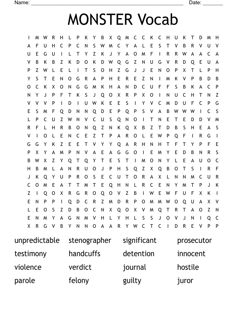 MONSTER Vocab Word Search WordMint