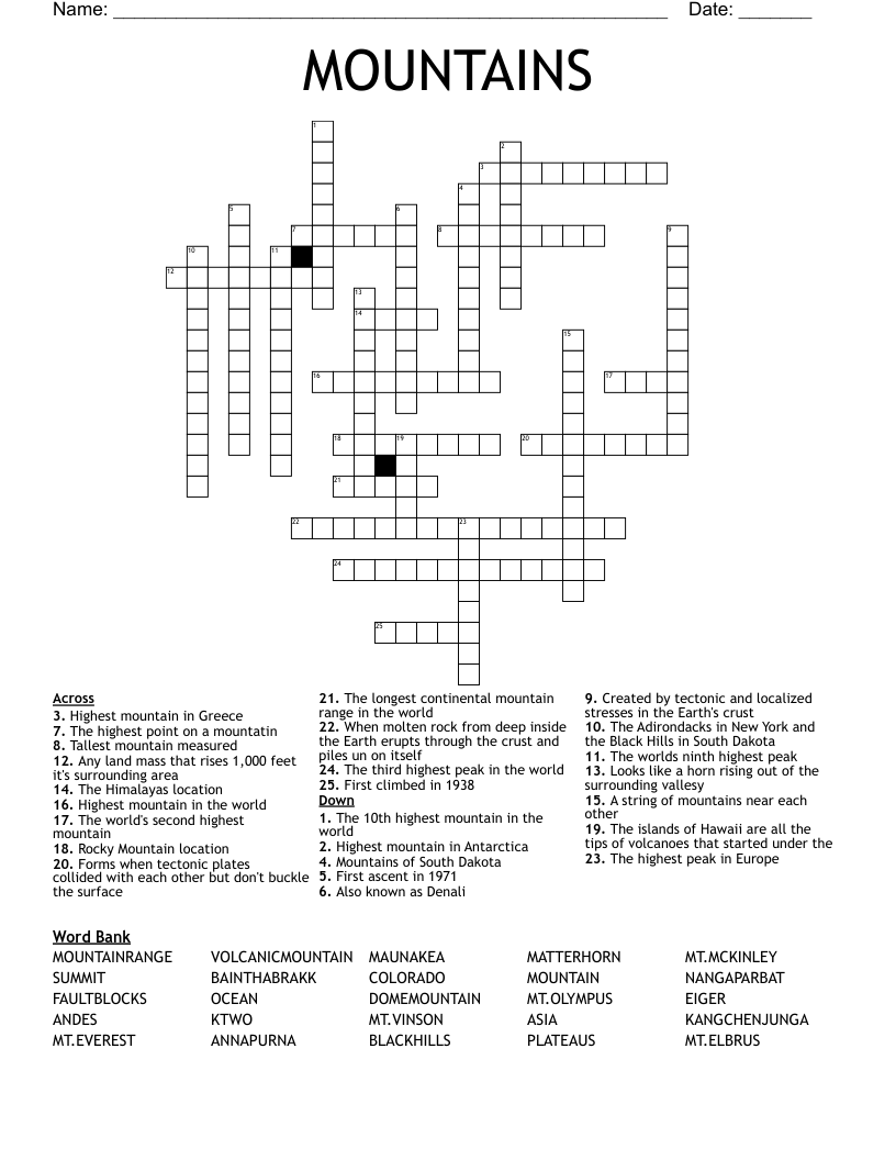 MOUNTAINS Crossword WordMint