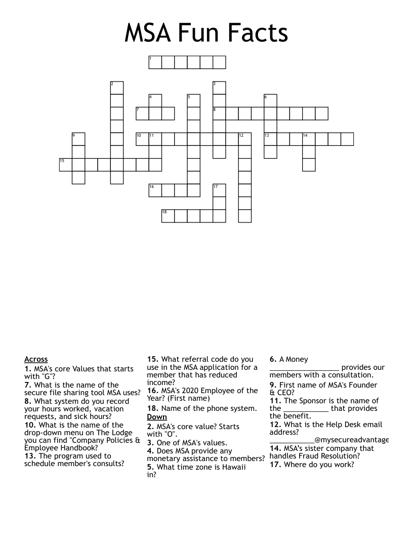 MSA Fun Facts Crossword WordMint