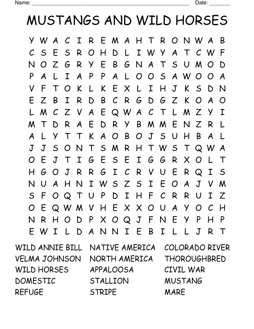 MUSTANGS AND WILD HORSES Word Search WordMint