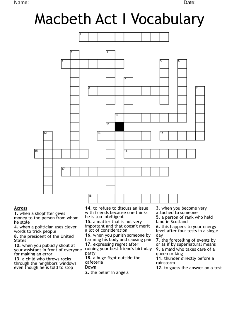 Macbeth Act I Vocabulary Crossword WordMint