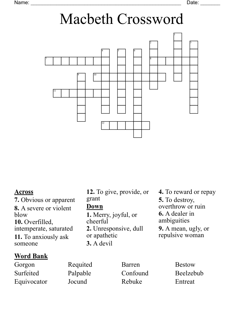 Macbeth acts 2 and 3 Crossword WordMint
