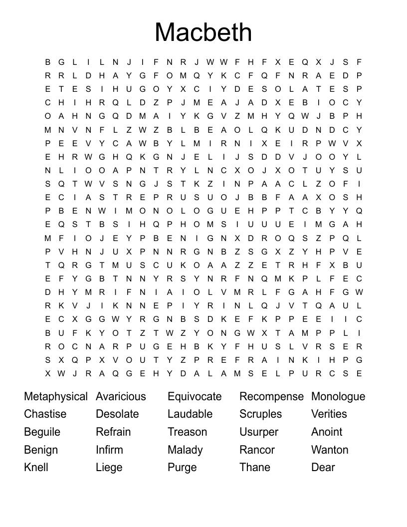 Macbeth Act 1 and 2 Word Search WordMint