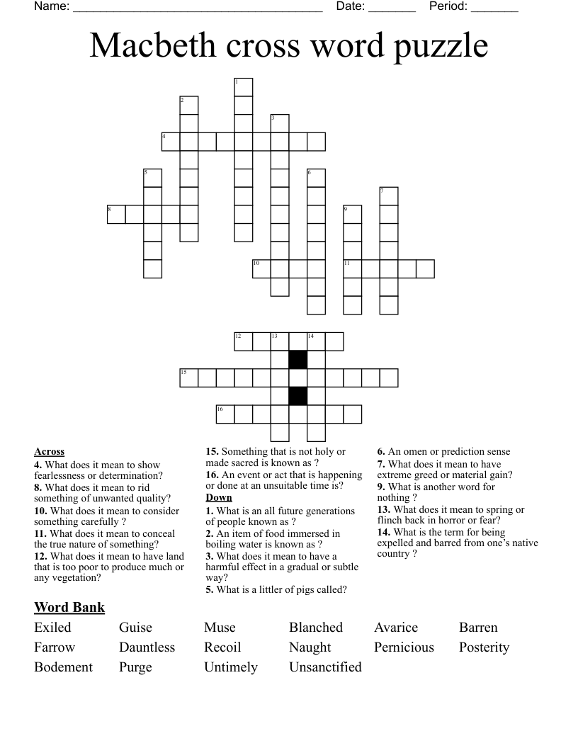 Macbeth cross word puzzle WordMint