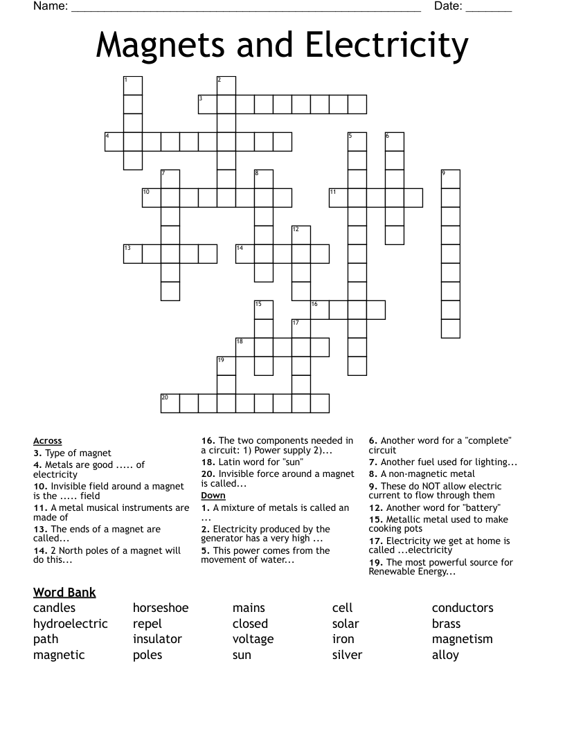 and Electricity Crossword WordMint